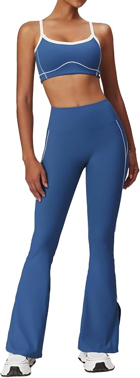 OMEWEE Yoga sets for women 2 piece Fashion contrasting lines Sports Bra and High Wasit Split hem Flared Leggings