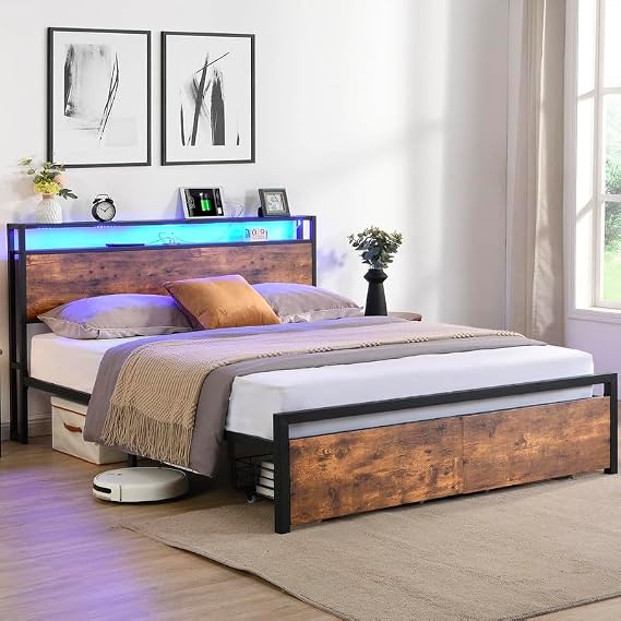 Queen Size Bed Frame with Storage Headboard and 2 Drawers