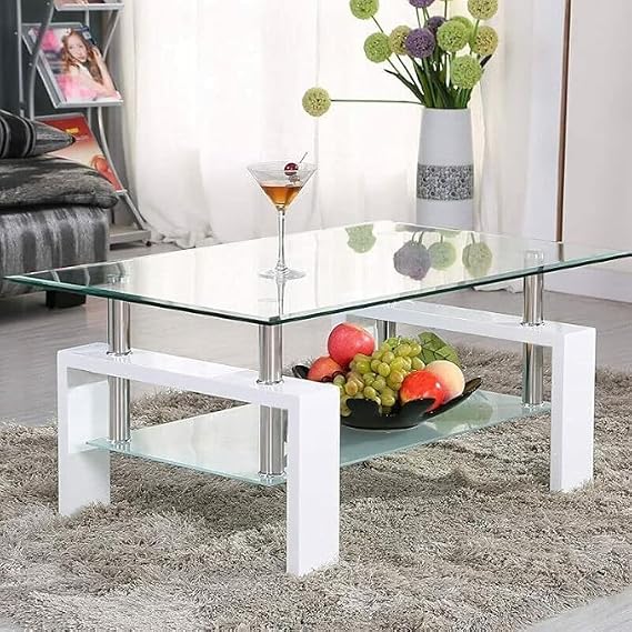 Glass Coffee Table 2-Tier Rectangular Black, White-A