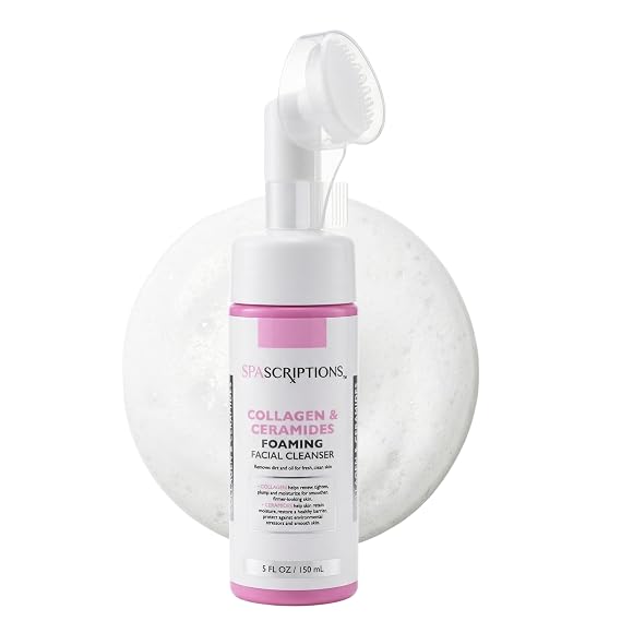SpaScriptions 2 in 1 Cleanse & Exfoliate Foaming Facial Cleanser - Collagen & Ceramides Face Wash with Silicone Brush for Dry Skin with Barrier Support with Peptides for Daily Cleansing, 5 oz