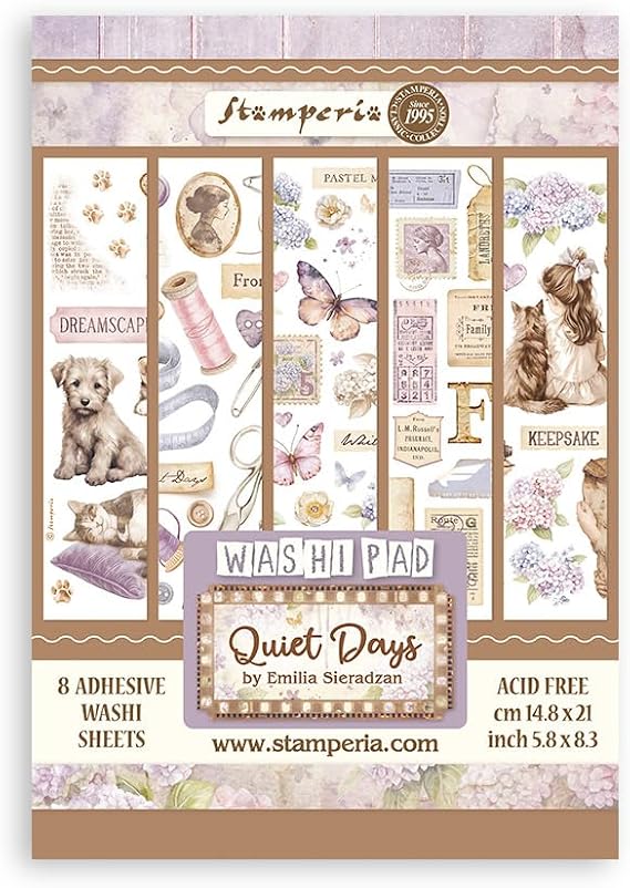 Stamperia - Washi Pad for Scrapbooks Albums Cards Bullet Journals and More Translucent and Easy to Cut Acid Free Perfect for Hobbies Crafts and Gifting (Quiet Days) (A5) (8 Sheets)