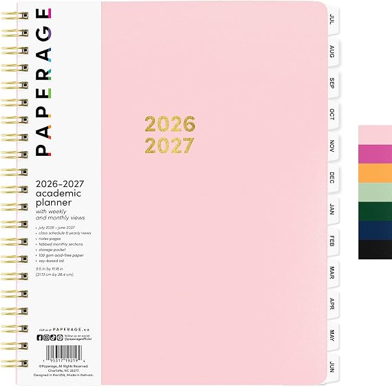 PAPERAGE Academic Planner, Weekly & Monthly Planner & Calendar, 12-Months, July 2026 - June 2027, (9.5" x 11"), School & Student Planning Agenda with Tabs, Bonus Pages & Inner Pocket, Pink
