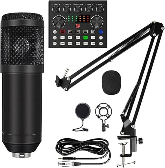 Sound Card Kit Condenser Microphone Set with Live Sound Card,Metal Shock Mount and Double Layer Pop Filter for Live Podcasting Studio Setup for R,Style B Black-1