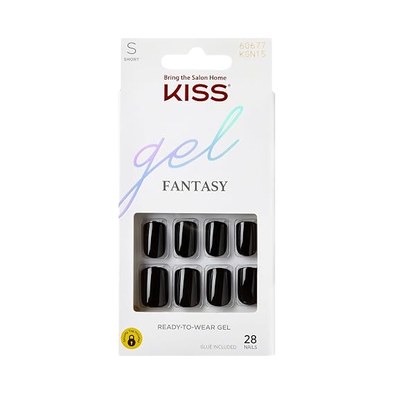 KISS Gel Fantasy, Press On Nails, Nail glue included,#39;Aim High', Black, Short Size, Squoval Shape, Includes 28 Nails, 2g glue, 1 Manicure Stick, 1 Mini File