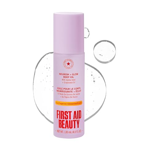 First Aid Beauty Nourish + Glow Body Oil, Crisp Tangerine Scent, 6 oz | Hydrating Body Oil with Jojoba Seed & Grapeseed Oil, Locks In Post-Shower Moisture, Sensitive Skin, No Artificial Fragrance
