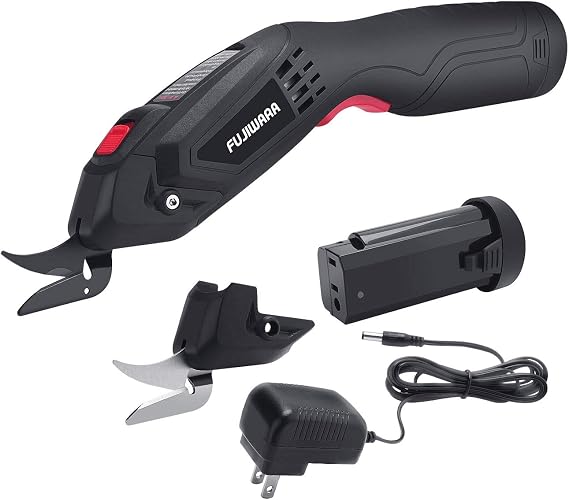 FUJIWARA Electric Scissors, 2 Removable Lithium Batteries and 2 Cutter Blades, Cordless Shears Cutting Tool for Fabrics/Canvas/Carpets/Leather/Cardboard/Other Thin Materials