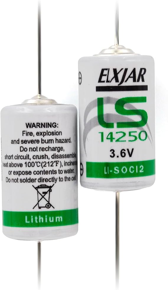 (2-Pack) 3.6V LS14250 1/2AA Battery with Axial Terminals | Fits ER14250, LS14250CNA and ER3 compatible meters, PLCs and industrial electronics; non-rechargeable axial-lead cells.