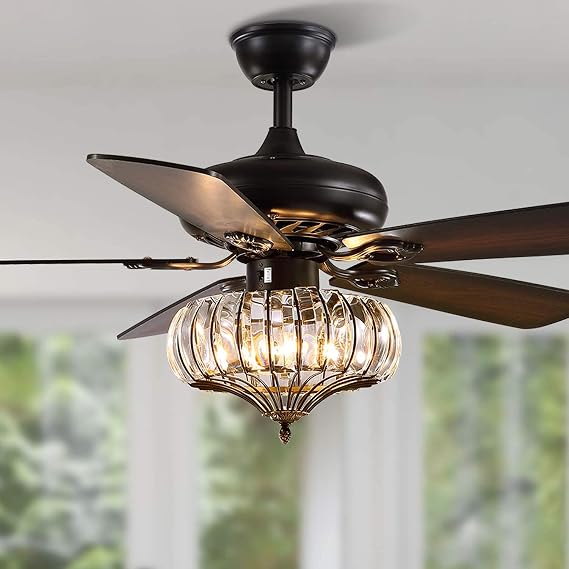 Ceiling Fans with Lights and Remote for Living Room Fandelier Vintage Fans with Lamps LED Crystal Lampshade for Bedroom Lounge Dining Table Kitchen Island Motor Silent Reversible (Black, 48"