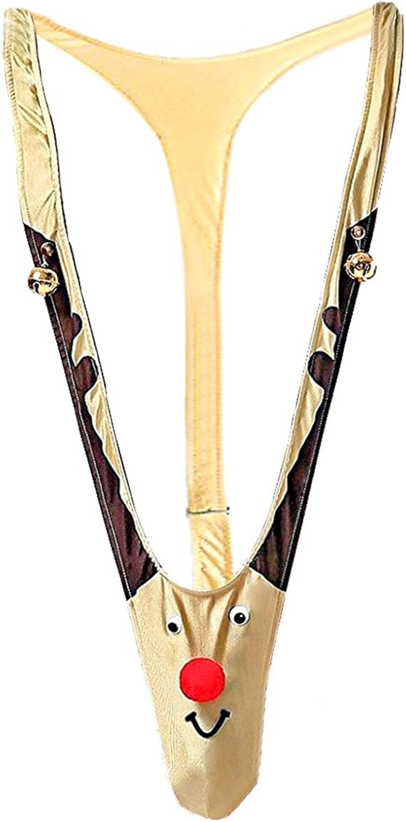 VVEEWUU Men's Funny Christmas Thong Gag Gift Reindeer Mankini Men Thong Novelty Underwear with Bells Khaki