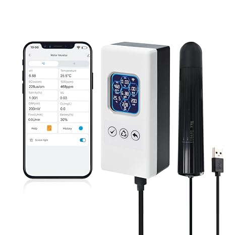 Smart Water Quality Tester Wireless WiFi Multi-Parameter Water Quality Meter for pH/ORP/TDS/EC/Salinity/SG/Temp Monitoring Real-Time Alerts with App Connection for Aquarium, Saltwater Nano Fish Tank