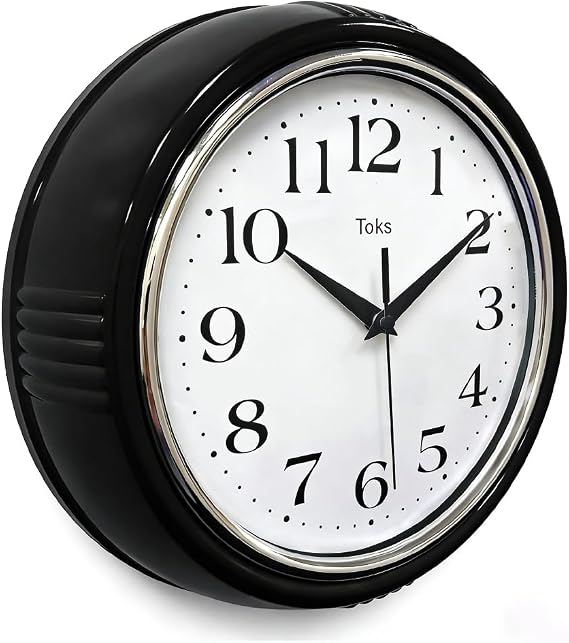Lily's Home Retro Wall Clock, 9.5 Inch Vintage Design, Silent Non-Ticking Quartz Movement, Battery Operated, Perfect for Kitchen, Living Room, Office, and Indoor Use (Black)