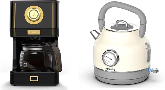 Amaste Black Coffee Maker & White Retro Electric Kettle Set