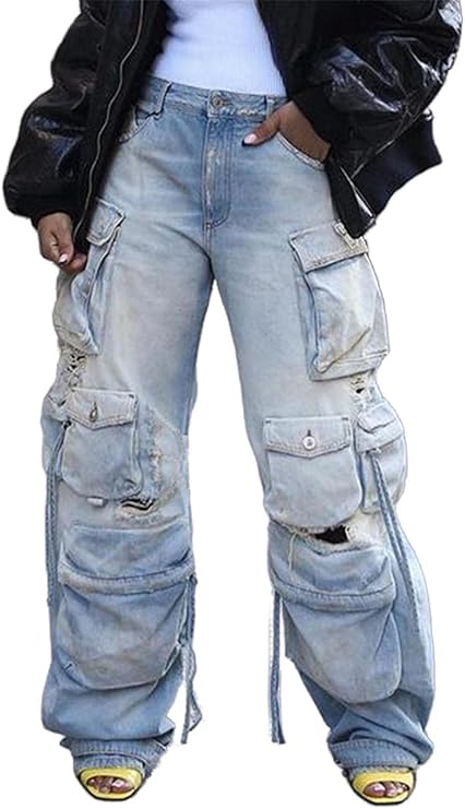 Lucuna Women Baggy Cargo Jeans Y2k High Waisted Wide Leg Denim Pants