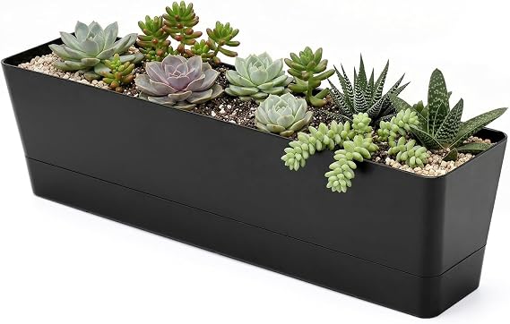 GREANER 16x3.8 Inch Herb Window Boxes 1PCS, Black Planter with Removable Trays and Drainage Holes, Succulent Flower Rectangular Plastic Pot for Balcony, Office, Windowsill, Garden, Indoor Outdoor Use