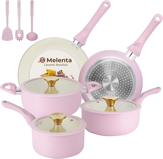 M MELENTA Pots and Pans Set Non Stick, 11pcs Pink Ceramic Cookware Set