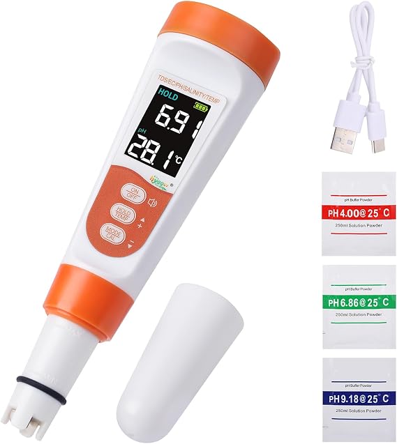 hygger Pool Salt Tester & PH Meter, 5-in-1 Digital Pool Water Tester, High Accuracy Salinity PH Temp EC and TDS Saltwater Pool Test Kit for Aquarium Swimming Pool Hot Tub and Swim Spas