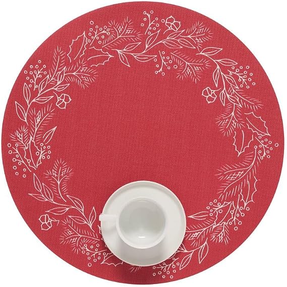 Martha by Martha Stewart Chilewich Wreath Placemat Set of 4 | Easy Care Woven Tabletop Textile, Indoor/Outdoor, Crimson, 15" Round