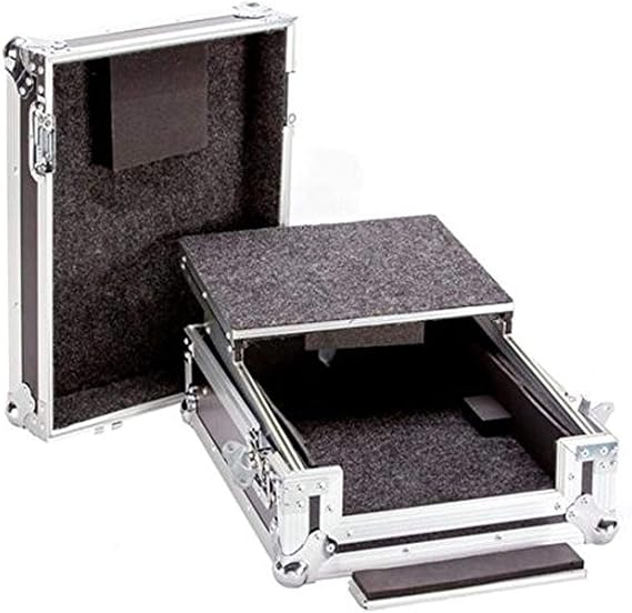 DEEJAY LED TBH12MIXLT Fly Drive Case For Pioneer DJM900 Pro Mixer or Similarly Sized Equipment with Laptop Shelf with Wheels Chrome Plated Heavy Duty Spring Loaded Retractable Carry Handles