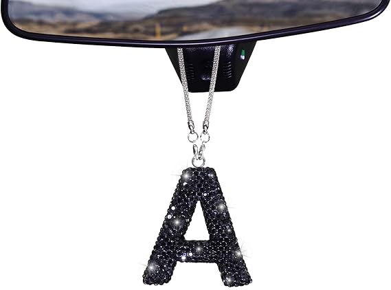 ToBeQueen Bling Letter A Car Charm, Diamond Crystal Rhinestone Letter Charm, Cute Lucky Hanging Ornament Black Bling Car Accessories for Women(Black,A)