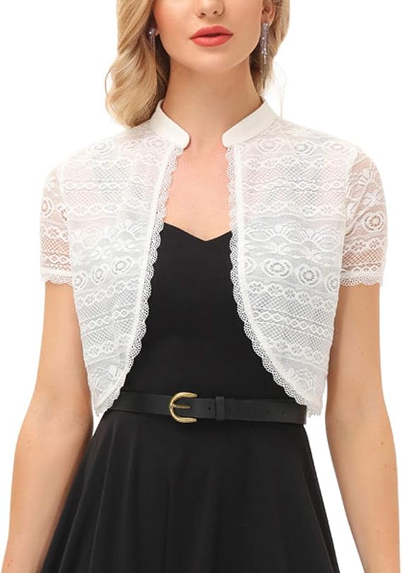 KANCY KOLE Women Lace Shrugs Short Sleeve Cropped Cardigan Casual Vintage Bolero Jackets S-XXL