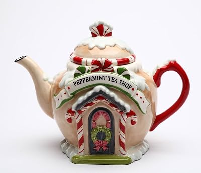 Fine Ceramic Hand Painted Santas Christmas Peppermint Candy Tea Shop Teapot, 7-14