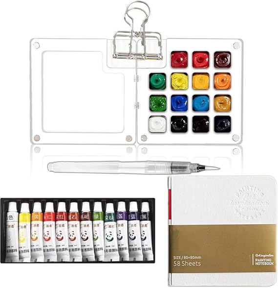 Mini Watercolor Travel Set with 15-Well Acrylic Palette and Sketchbook