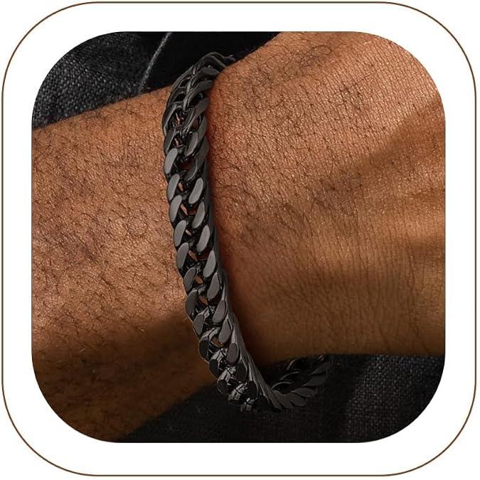 FaithHeart Mens Stainless Steel Cuban Link Bracelet, Tarnish Resistant | 6/8/12/17mm Silver/Black/Gold Sturdy Hip Hop Wrist Chain Bracelets Daily Wear with Gift Box, 7.5"/8.3"/9.1" Length