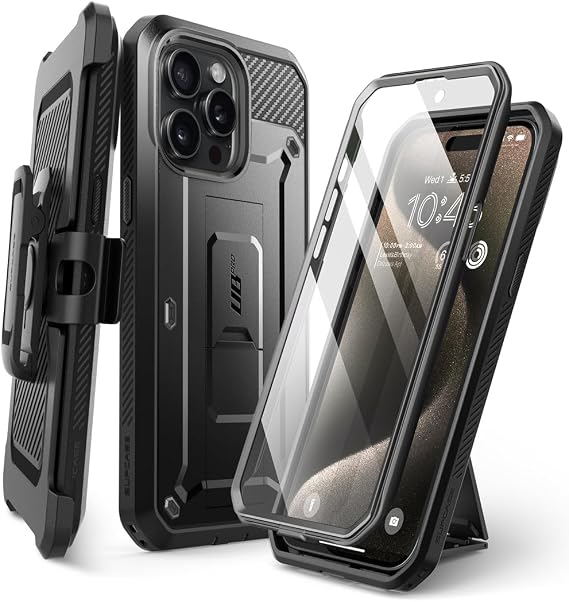 SUPCASE for iPhone 15 Pro Max Case with Stand & Screen Protector, Black | Detachable Belt Clip, Military-Grade Protection, Full Body Heavy Duty Phone Case for iPhone 15 Pro Max, Unicorn Beetle Pro