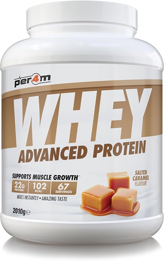 Per4m Whey Protein Powder | High Protein Shake for Muscle Growth & Recovery | Low Sugar Gym Supplement | Sports Nutrition Drink + Amino Acids (2010g, Salted Caramel)
