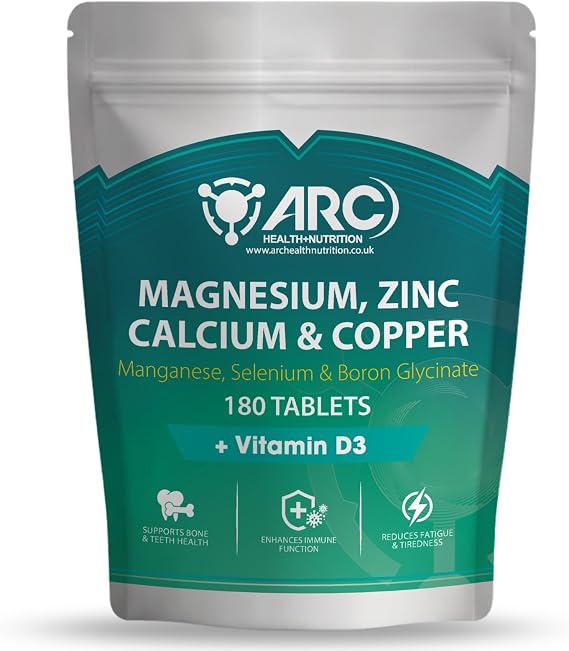 Calcium Magnesium Zinc Tablets 180-7 in 1 Mineral Complex with Copper, Selenium, Manganese & Boron | Bone, Teeth, Immune & Muscle Support | Daily Supplement for Men & Women | ARC Health Nutrition