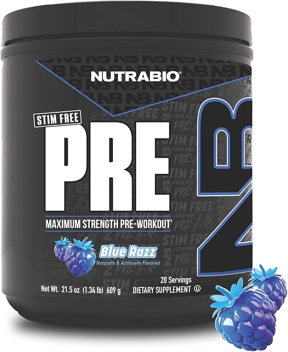 NutraBio STIM-Free PRE Workout for Men, NEW Non Stim Preworkout | Laser Focus, Extreme Pumps | Performance, Endurance | 10g Citrulline, Beta Alanine, Nitrates, Electrolytes - 20 Servings Blue Razz