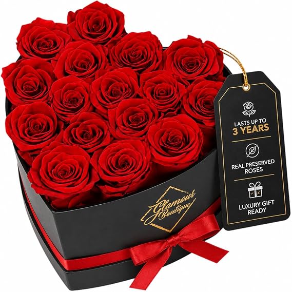GLAMOUR BOUTIQUE Preserved Flowers, 16 Forever Red Roses in Heart Gift Box | Eternal flower bouquet, birthday and anniversary gifts for her, mom, girlfriend, wife, women; romantic Valentines Day roses
