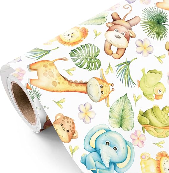 WRAPAHOLIC Animal Baby Shower Wrapping Paper - Mini Roll - 17 Inch x 16.5 Feet - Tropical Plants and Animal Wrapping Paper for Baby Shower, Boys Birthday, Baptism Gift Wrap