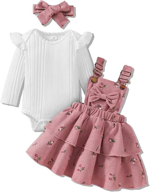 Baby Girl Fall Winter 3 Piece Corduroy Overall Dress with Headband