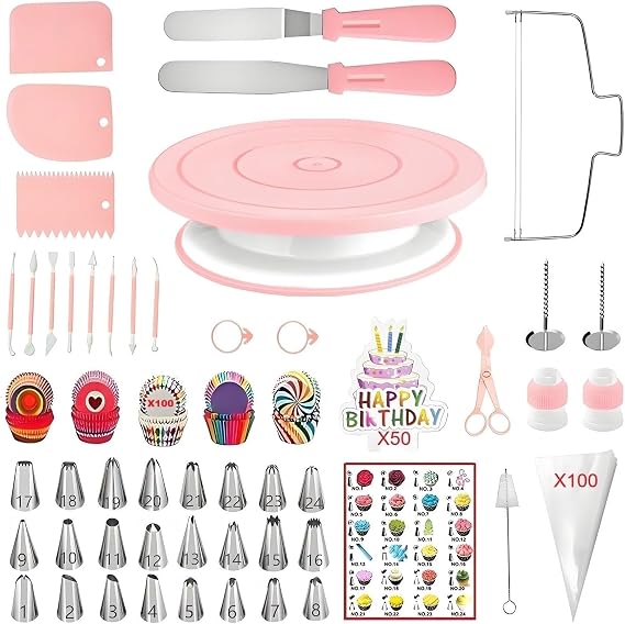 ANSLYQA Cake Decorating Kit, 298 Pcs with Cake Turntable, Leveler, 24 Numbered Icing Tips, 2 Spatulas, 3 Scrapers, 8 Carved Pens, 100 Pastry Bags, 100 Cupcake Liners & More Baking Tools, (Pink)