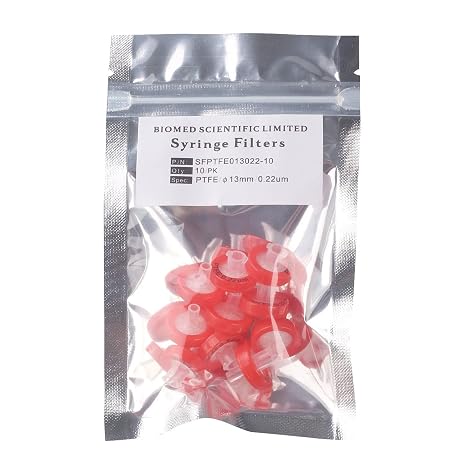 Syringe Filter Hydrophilic PTFE Membrane 13mm Diameter 0.22um Pore Size Non Sterile by Bioemd Scientific 10Pcs