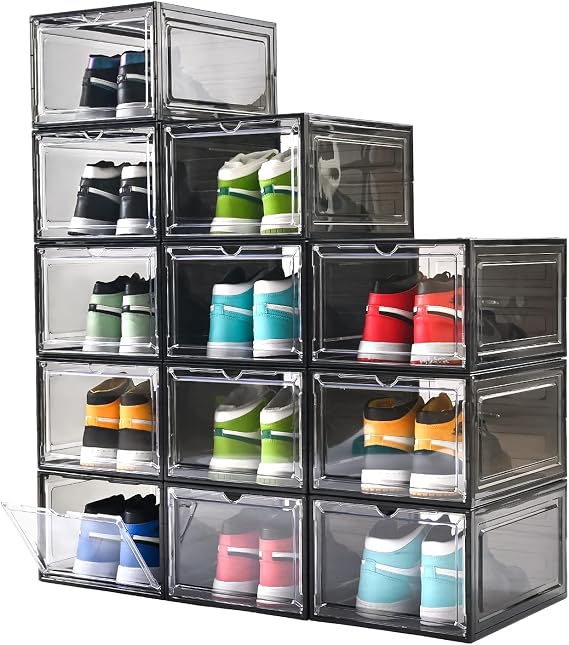 Large Shoe Boxes Clear Plastic Stackable,Drop Front Shoe Box with Clear Door, Shoe Containers For Sneaker Display,Fit up to US Size12