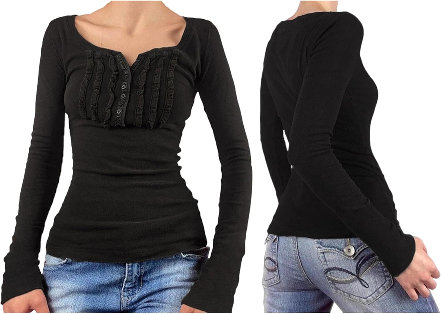Womens Autumn Fairy Grunge Top Y2K Long Sleeve Shirt Lace Square Collar Vintage Slim Blouse Black XL