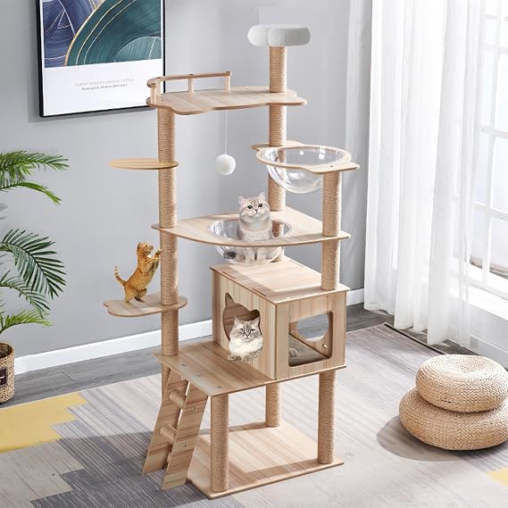 Mekidulu 170cm Cat Tree for Indoor Large Adult,Cat Tree Tower with Condo, Stairs, 2 Bowl,14 Sisal Scratching Posts, Top Perch, with Padded Platform Bed,Toy Balls,Large cat Tree.B12