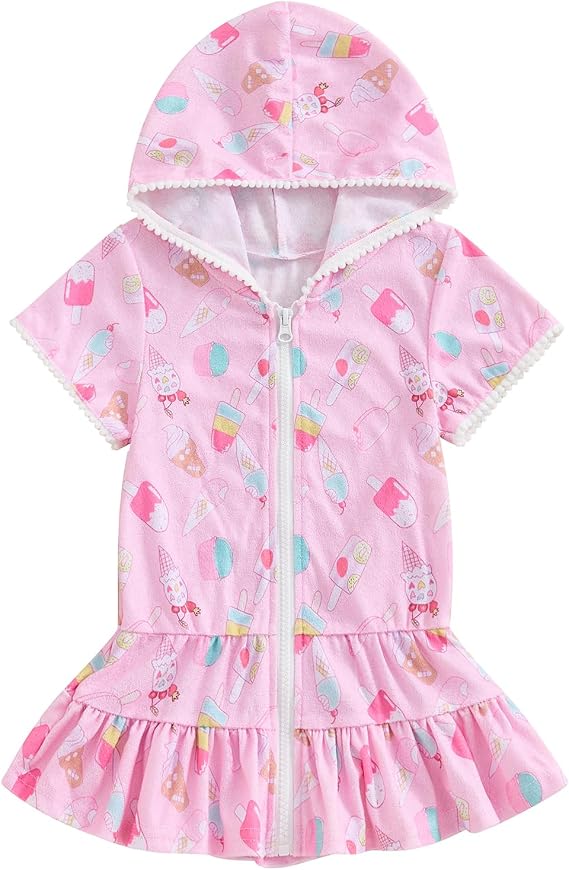 Kid Girls Swim Cover Up Kid Hooded Zip-Up Terry Swimsuit Coverup Towel Bathing Suit Bathrobe Pool Beach Robe Dress