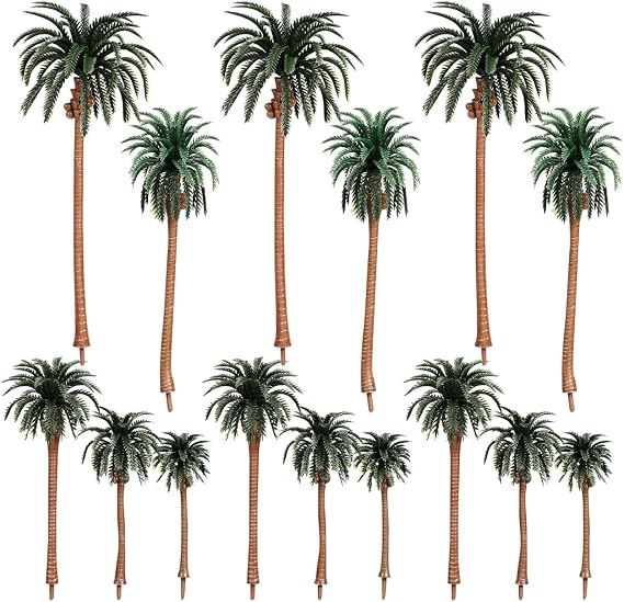 NUOLUX Model Tree Coconut Palm Trees Scenery Model Miniature Railroad Diorama Layout Architecture Trees for DIY Scenery Landscape, Natural Green 5 Size 15Pcs