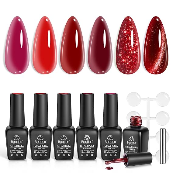 Beetles Red Gel Nail Polish Set, 6 Colors Jelly Gel Polish with Magnet