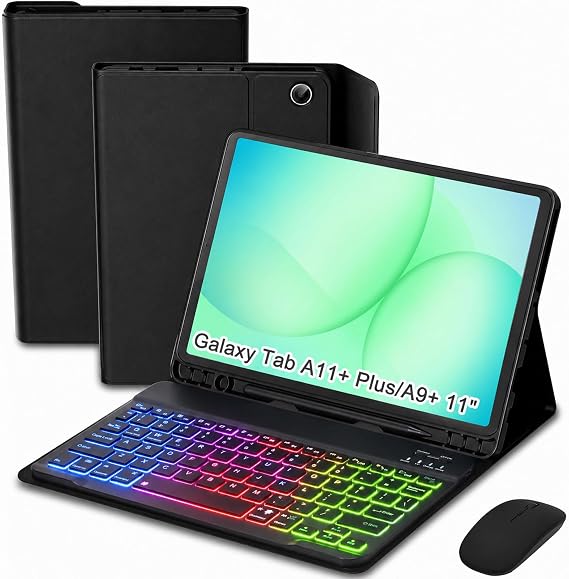 Keyboard Case for Samsung Galaxy Tab A11 Plus 2025 / Tab A9+ 2023 11 Inch, Detachable Rainbow Backlit Wireless Keyboard & Mouse, Protective Cover, Black