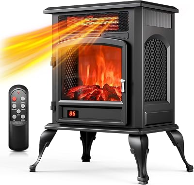 Electric Fireplace Stove Heater - Freestanding Electric Fireplace Heater with 3D Flame Effect, 1500W Infrared Electric Stove Heater for Indoor Use with Thermostat, Tip-Over&Overheat Protection