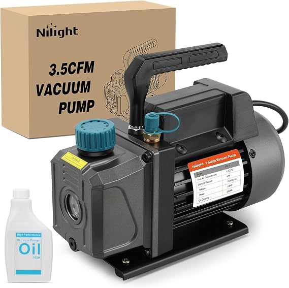 Nilight 3.5 CFM 1/4 HP 110V Single Stage HVAC AC Vacuum Pump Kit | for R22 R404a R134a R410a, 5 Pa Ultimate Vacuum, Auto Air Conditioning Servicing, Refrigerant Recharging, Oil Included
