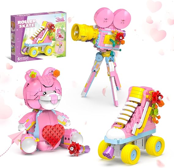 3-in-1 Creator Building Set, 520Pcs Compatible with Lego, Roller Skate, Heart Bear with Rose and Movie Projector, Ideal Gift for Girls and Girlfriend