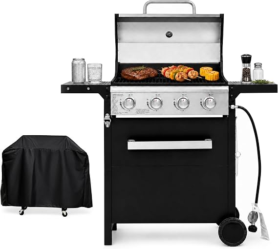 Endark 4-Burner Propane Gas Grill,Heavy Duty Freestanding Outdoor BBQ Barbecue Stainless Steel Lid,Large Cooking Area,Side Shelves & Storage Cabinet,Portable Patio Backyard Camping