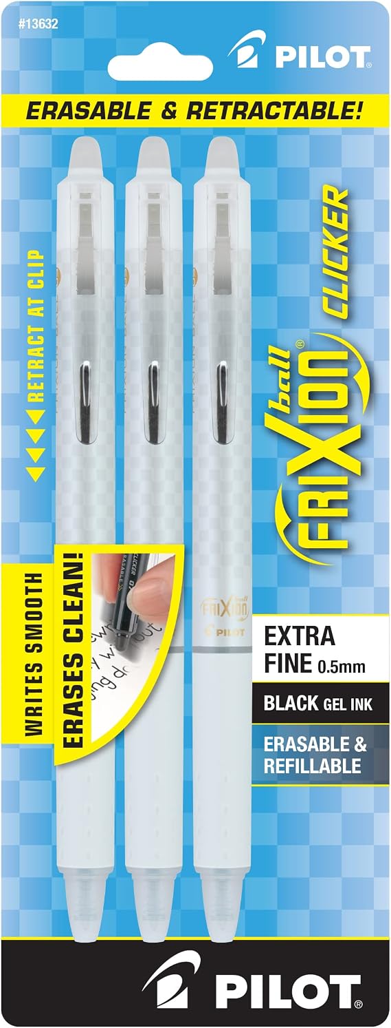 PILOT FriXion Ball Clicker Erasable White Pen, Extra Fine, 0.5 mm, Black Gel Ink, 3 Pack (13632)