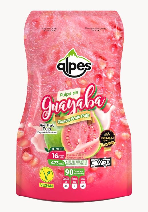 Alpes Premium Guava Pulp, 100% Real Fruit, Tropical Guayaba. Ideal for Cocktails, Juices, Smoothies, Desserts, Gourmet Sauces, Ice creams & Snacks, 1 Pack 16 fl oz.