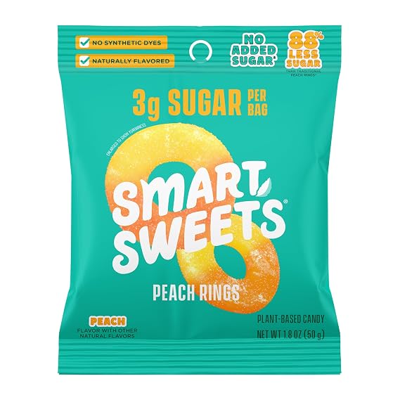 SmartSweets Peach Rings, Low Sugar Gummy Candy, 1.8 oz Bags